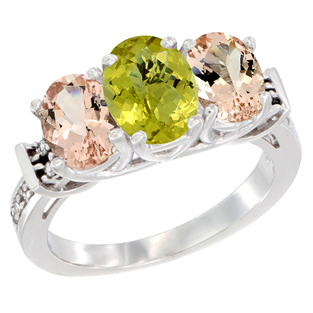 14K White Gold Natural Lemon Quartz & Morganite Sides Ring 3-Stone Oval Diamond Accent, sizes 5 - 10