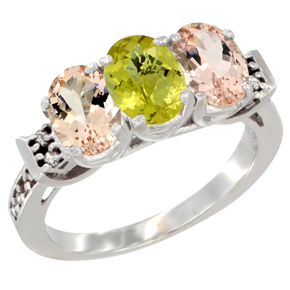 14K White Gold Natural Lemon Quartz & Morganite Sides Ring 3-Stone Oval 7x5 mm Diamond Accent, sizes 5 - 10