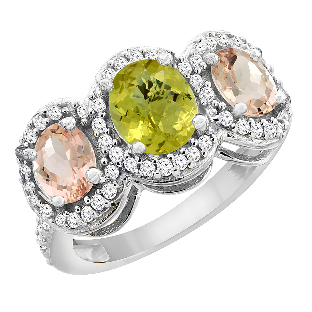 14K White Gold Natural Lemon Quartz & Morganite 3-Stone Ring Oval Diamond Accent, sizes 5 - 10