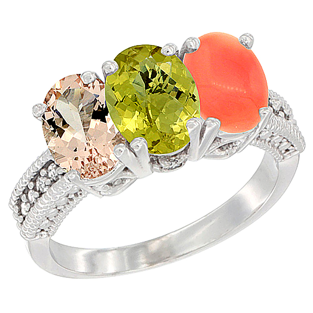 14K White Gold Natural Morganite, Lemon Quartz & Coral Ring 3-Stone Oval 7x5 mm Diamond Accent, sizes 5 - 10
