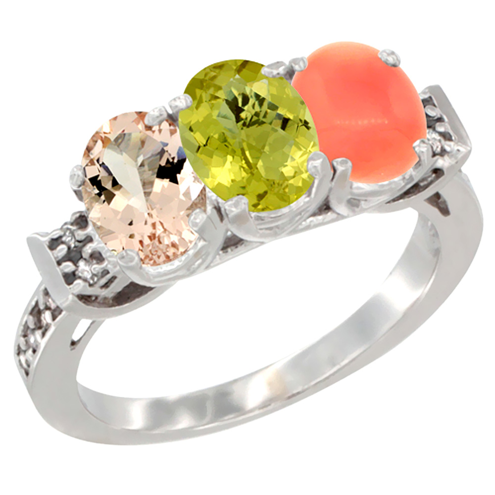 14K White Gold Natural Morganite, Lemon Quartz & Coral Ring 3-Stone Oval 7x5 mm Diamond Accent, sizes 5 - 10