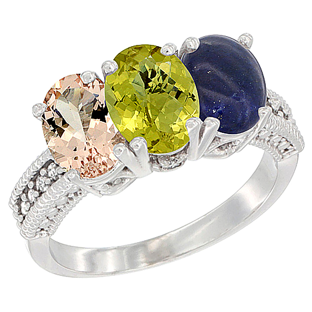 14K White Gold Natural Morganite, Lemon Quartz & Lapis Ring 3-Stone Oval 7x5 mm Diamond Accent, sizes 5 - 10