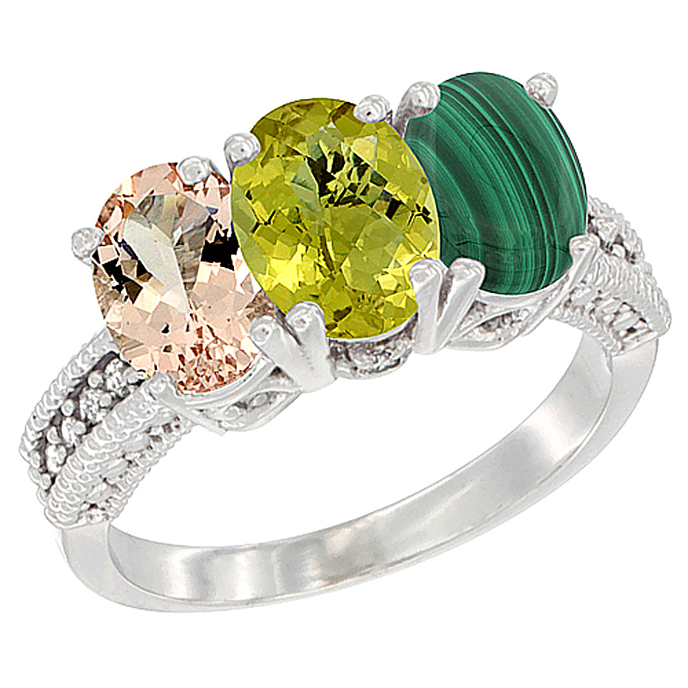 14K White Gold Natural Morganite, Lemon Quartz & Malachite Ring 3-Stone Oval 7x5 mm Diamond Accent, sizes 5 - 10