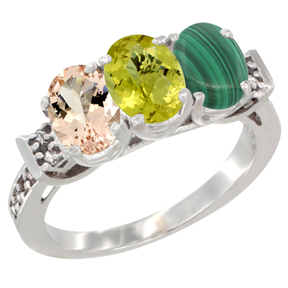 14K White Gold Natural Morganite, Lemon Quartz & Malachite Ring 3-Stone Oval 7x5 mm Diamond Accent, sizes 5 - 10