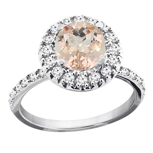 10K White Gold Natural Morganite Ring Round 8mm Floating Halo Diamond, sizes 5 - 10