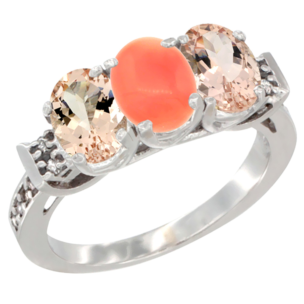 14K White Gold Natural Coral & Morganite Sides Ring 3-Stone Oval 7x5 mm Diamond Accent, sizes 5 - 10