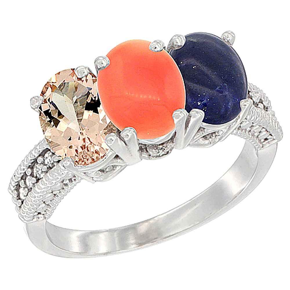 14K White Gold Natural Morganite, Coral & Lapis Ring 3-Stone Oval 7x5 mm Diamond Accent, sizes 5 - 10