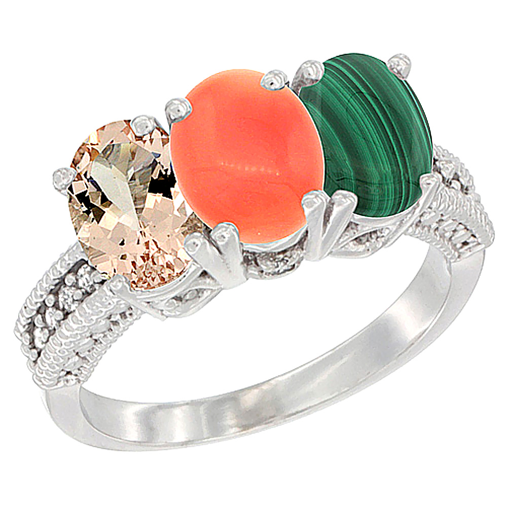 14K White Gold Natural Morganite, Coral & Malachite Ring 3-Stone Oval 7x5 mm Diamond Accent, sizes 5 - 10