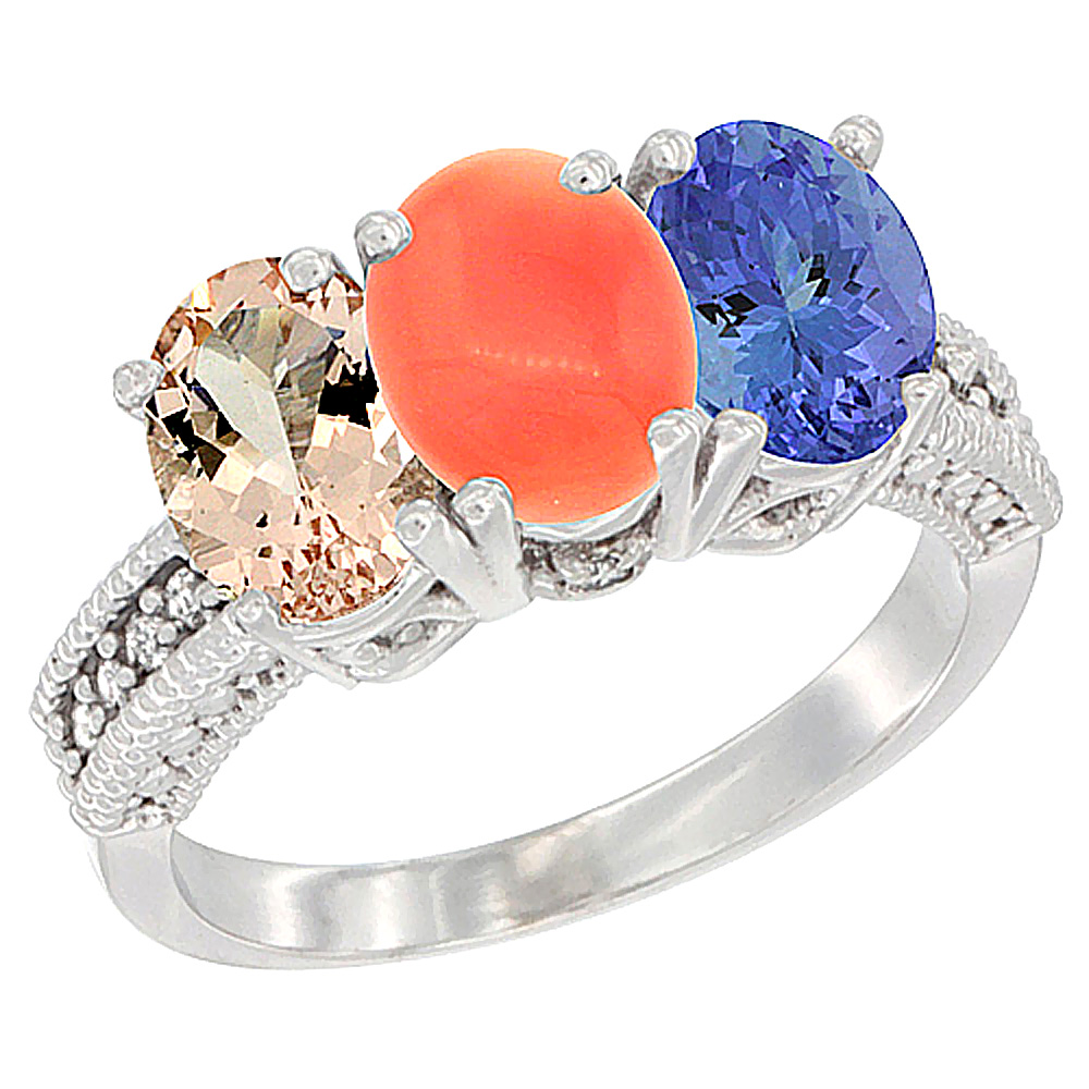 14K White Gold Natural Morganite, Coral & Tanzanite Ring 3-Stone Oval 7x5 mm Diamond Accent, sizes 5 - 10