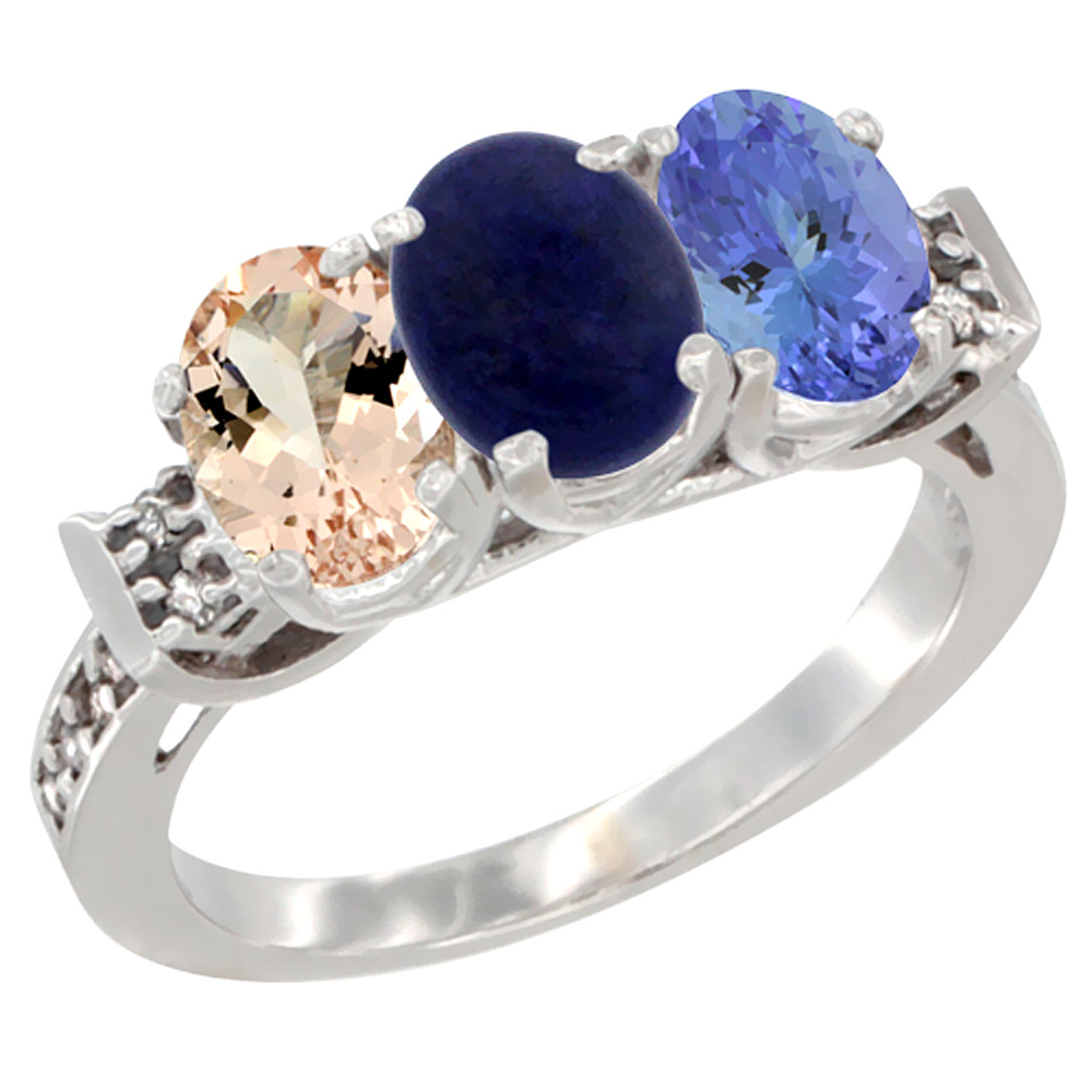 10K White Gold Natural Morganite, Lapis & Tanzanite Ring 3-Stone Oval 7x5 mm Diamond Accent, sizes 5 - 10