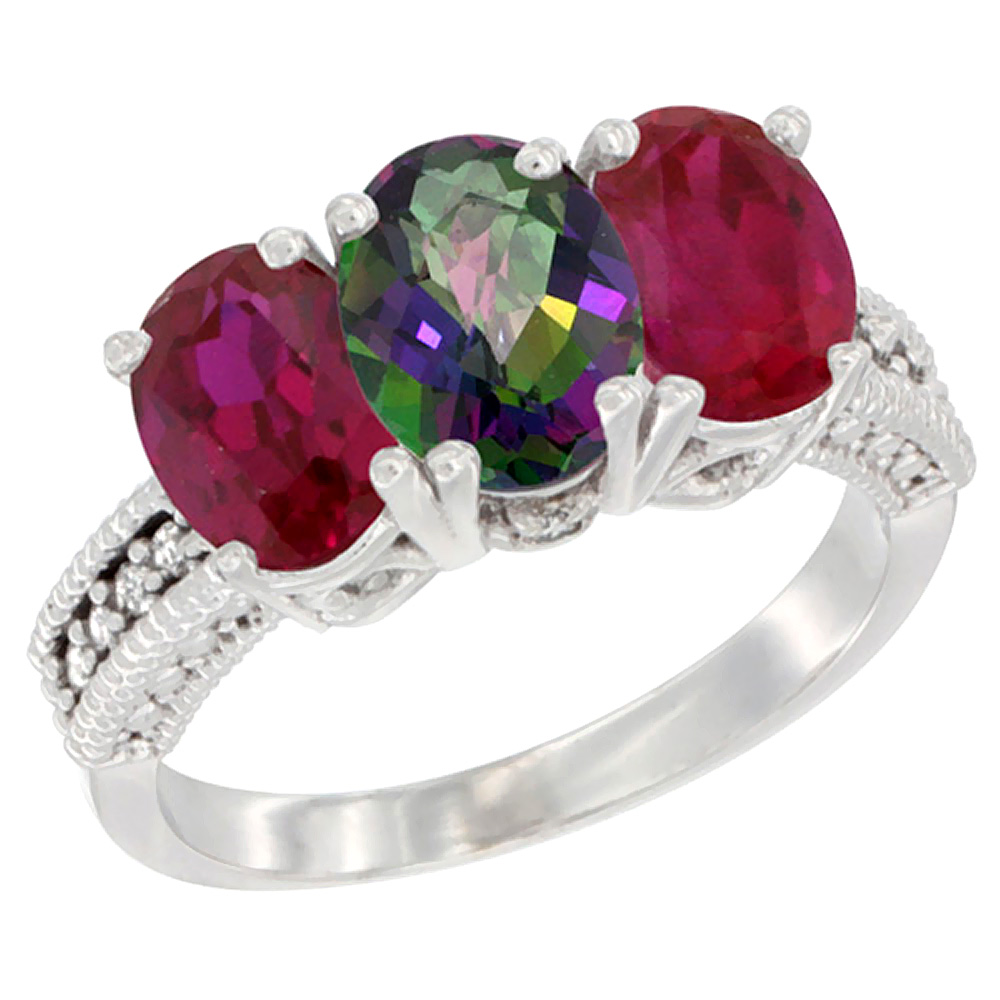 14K White Gold Natural Mystic Topaz & Enhanced Ruby Sides Ring 3-Stone Oval 7x5 mm Diamond Accent, sizes 5 - 10