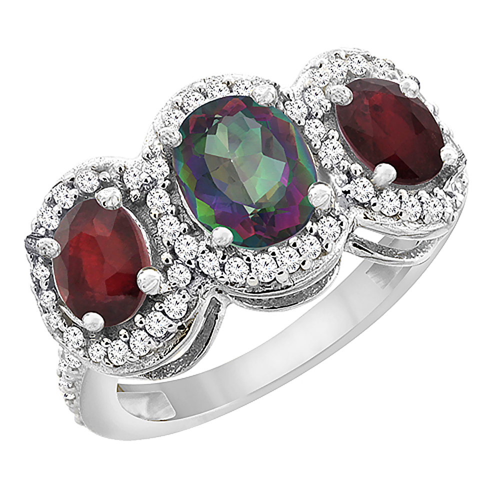 14K White Gold Natural Mystic Topaz & Enhanced Ruby 3-Stone Ring Oval Diamond Accent, sizes 5 - 10