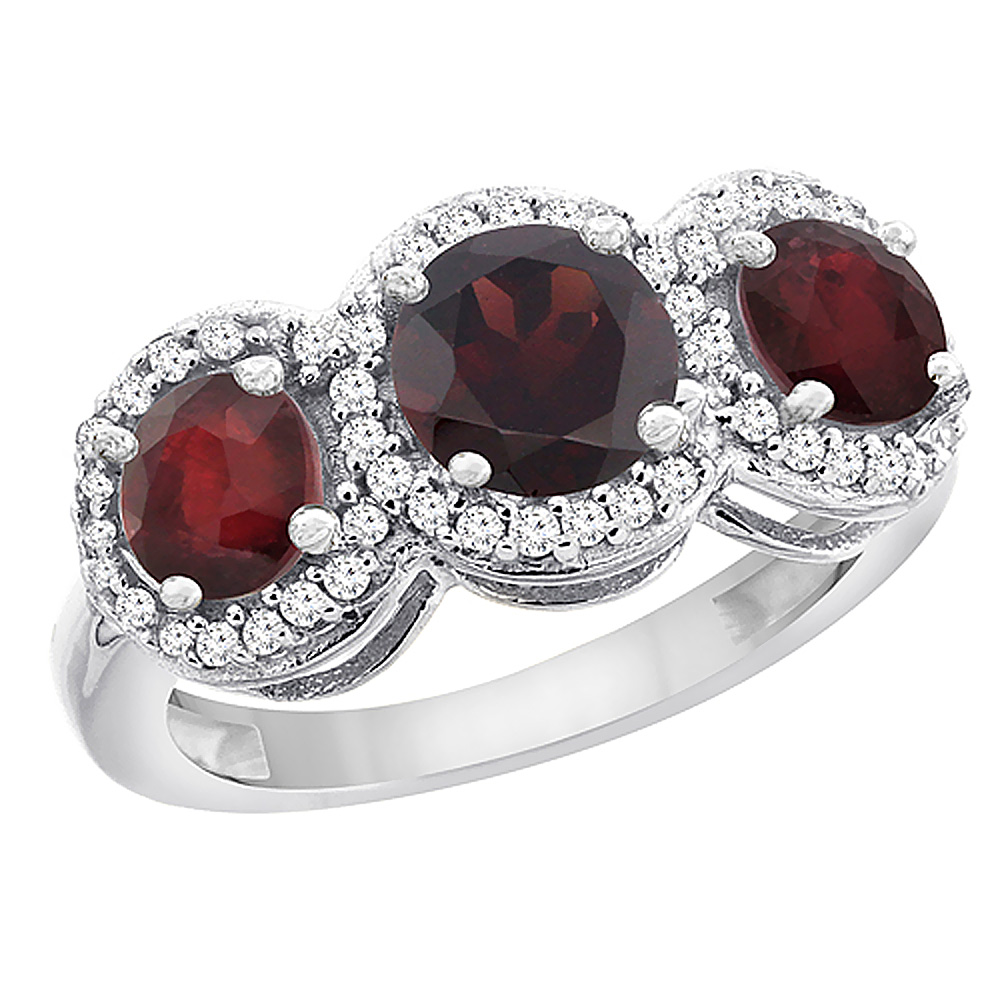 10K White Gold Natural Garnet & Enhanced Ruby Sides Round 3-stone Ring Diamond Accents, sizes 5 - 10