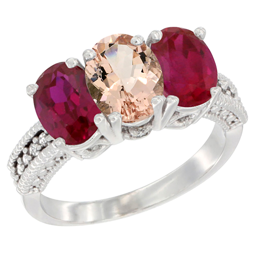 10K White Gold Natural Morganite & Enhanced Ruby Sides Ring 3-Stone Oval 7x5 mm Diamond Accent, sizes 5 - 10