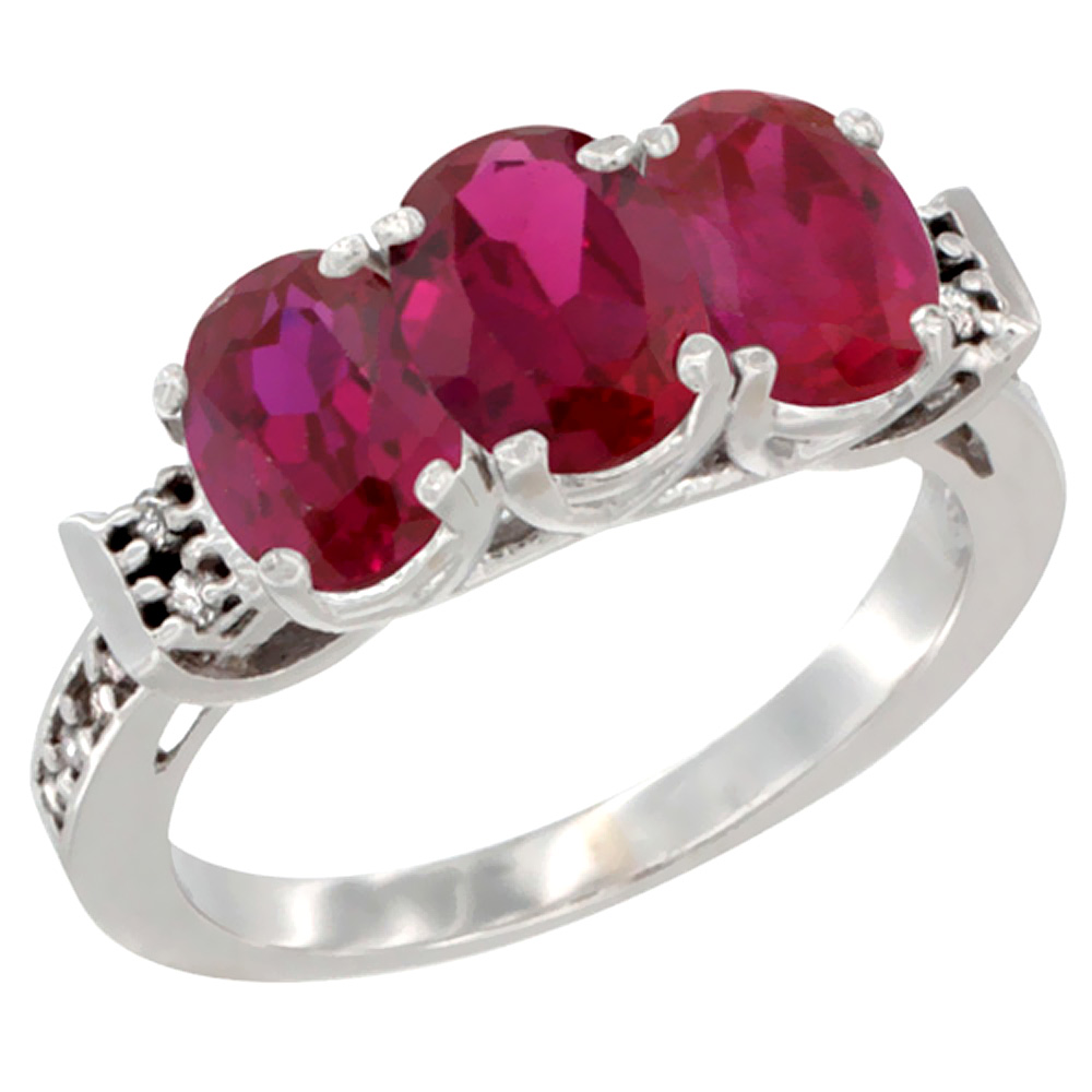 10K White Gold Natural Enhanced Ruby Ring 3-Stone Oval 7x5 mm Diamond Accent, sizes 5 - 10
