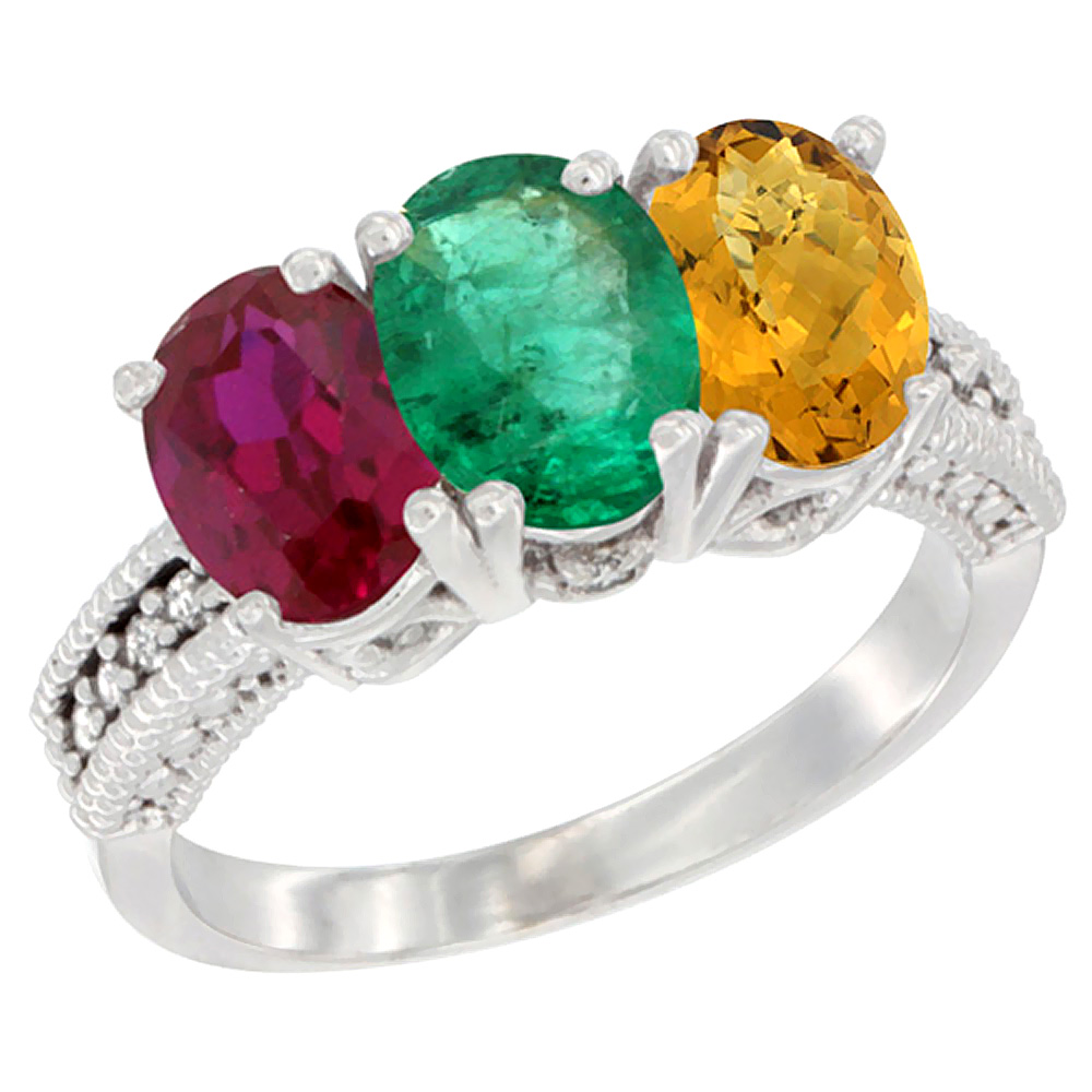 14K White Gold Enhanced Enhanced Ruby, Natural Emerald & Whisky Quartz Ring 3-Stone Oval 7x5 mm Diamond Accent, sizes 5 - 10