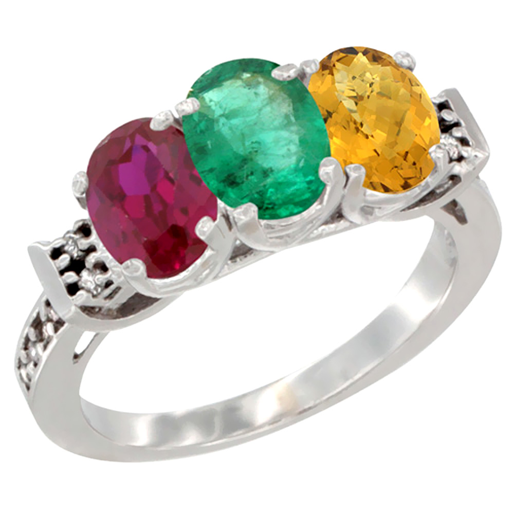 14K White Gold Enhanced Ruby, Natural Emerald & Whisky Quartz Ring 3-Stone Oval 7x5 mm Diamond Accent, sizes 5 - 10