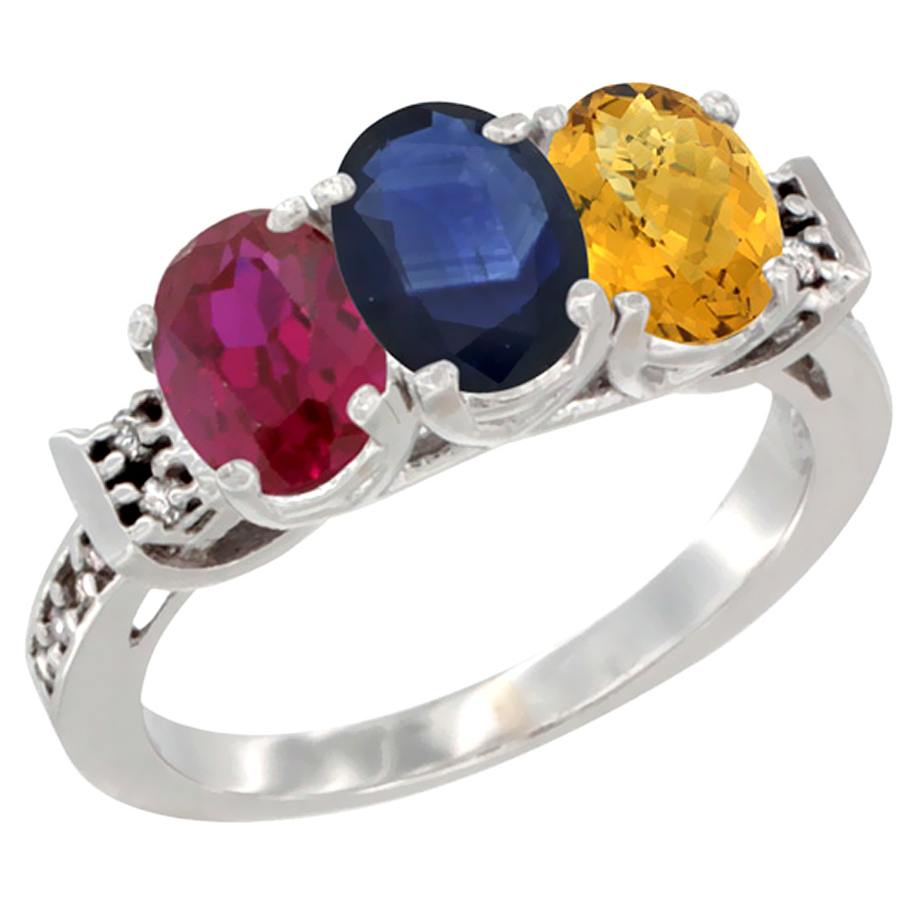 14K White Gold Enhanced Ruby, Natural Blue Sapphire & Whisky Quartz Ring 3-Stone Oval 7x5 mm Diamond Accent, sizes 5 - 10