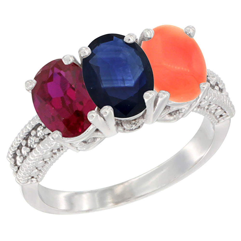 10K White Gold Enhanced Ruby, Natural Blue Sapphire & Coral Ring 3-Stone Oval 7x5 mm Diamond Accent, sizes 5 - 10