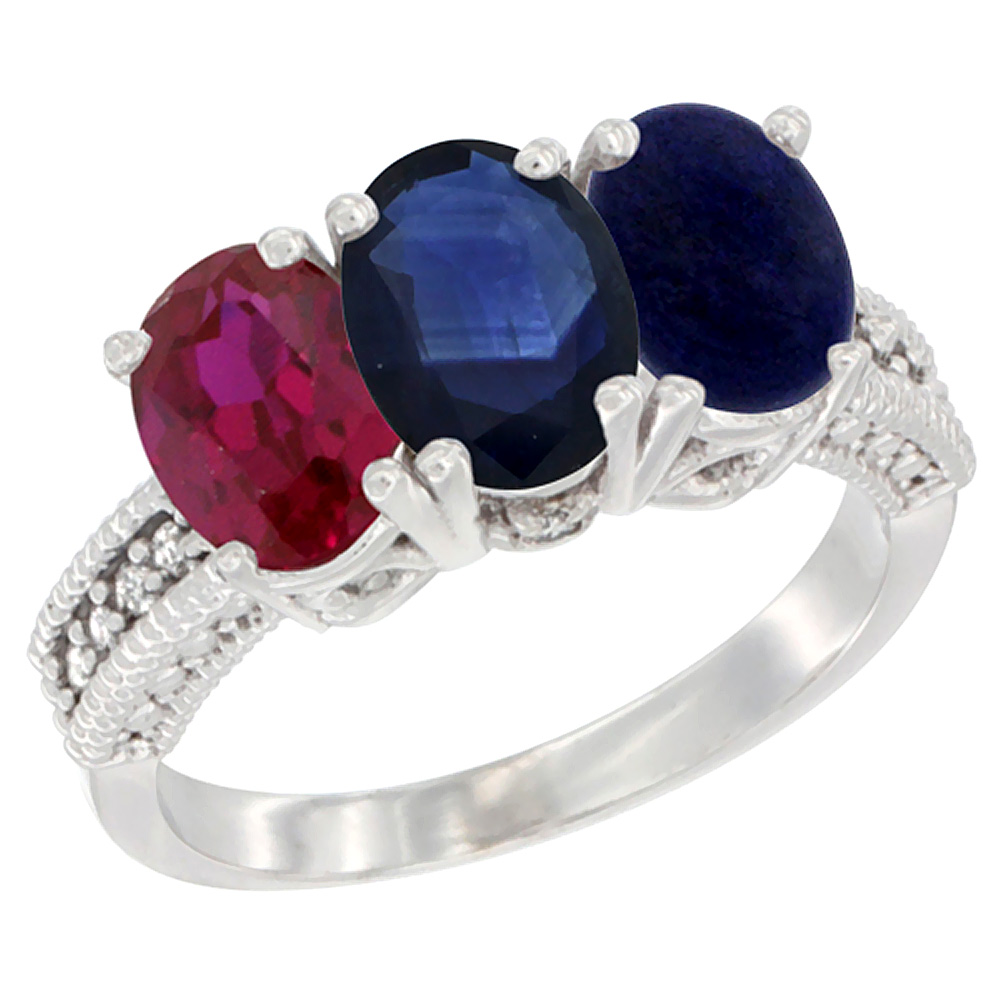 10K White Gold Enhanced Ruby, Natural Blue Sapphire & Lapis Ring 3-Stone Oval 7x5 mm Diamond Accent, sizes 5 - 10
