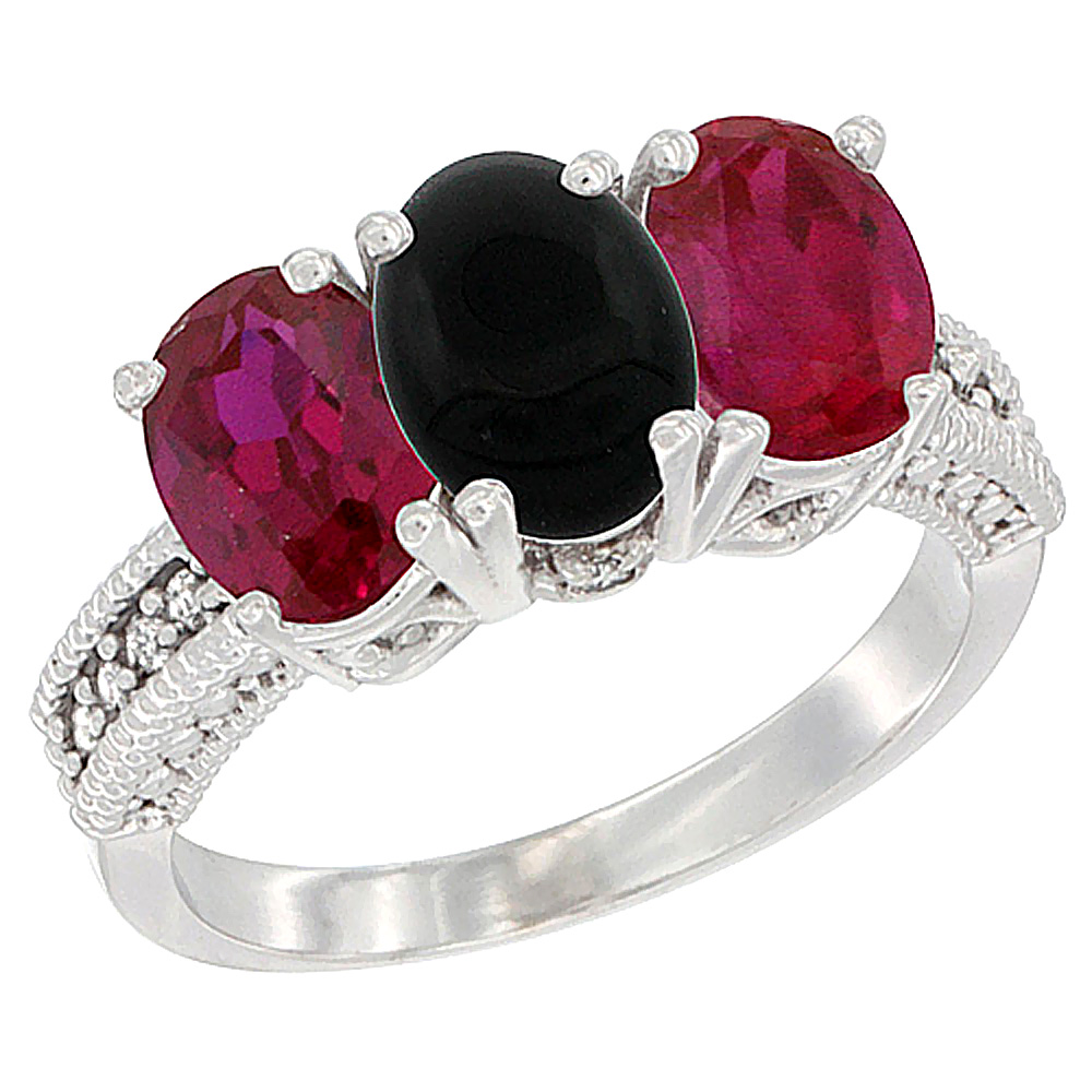 14K White Gold Natural Black Onyx & Enhanced Ruby Sides Ring 3-Stone Oval 7x5 mm Diamond Accent, sizes 5 - 10