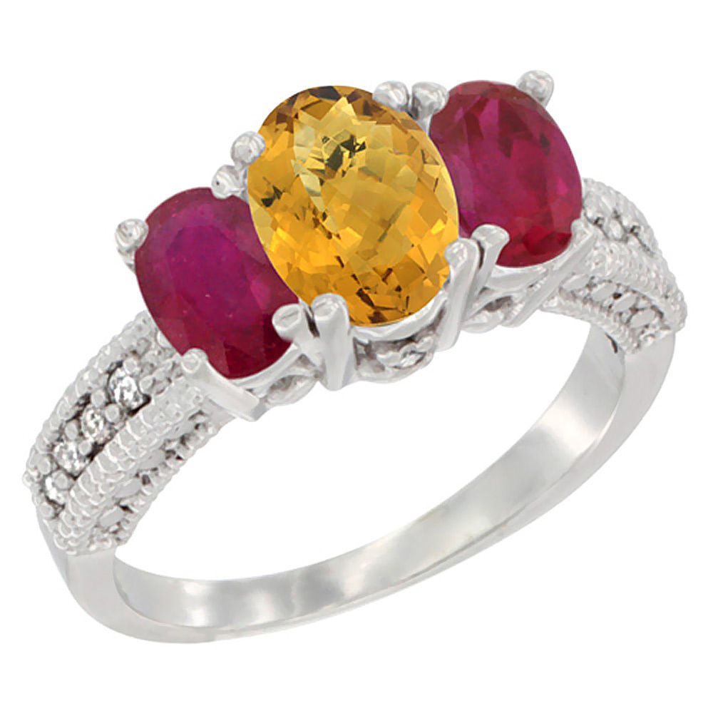 10K White Gold Diamond Natural Whisky Quartz Ring Oval 3-stone with Enhanced Ruby, sizes 5 - 10
