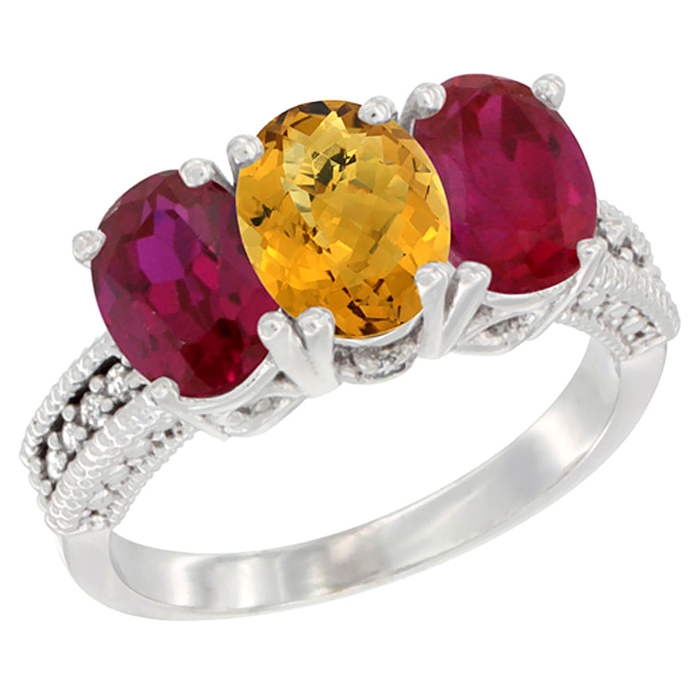 10K White Gold Diamond Natural Whisky Quartz & Enhanced Ruby Ring 3-Stone 7x5 mm Oval, sizes 5 - 10