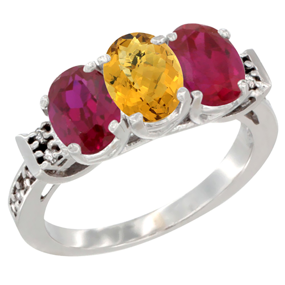 10K White Gold Natural Whisky Quartz & Enhanced Ruby Sides Ring 3-Stone Oval 7x5 mm Diamond Accent, sizes 5 - 10