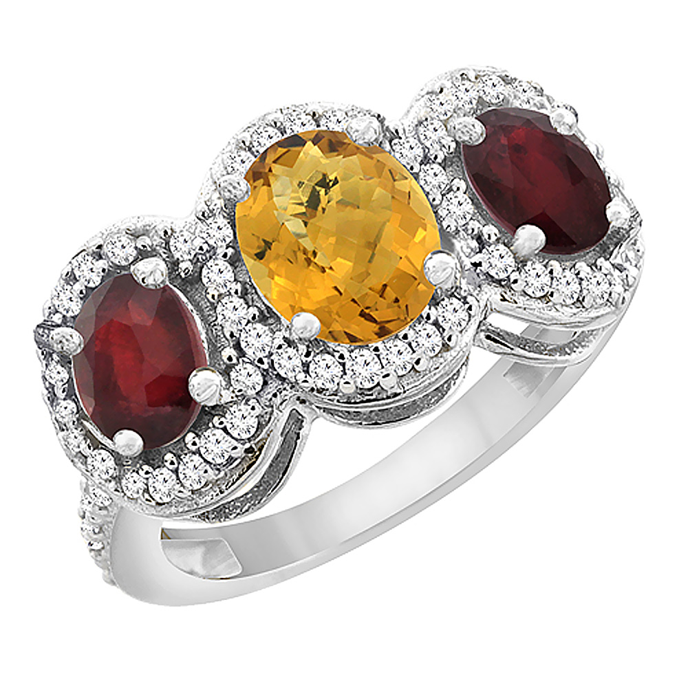 10K White Gold Natural Whisky Quartz & Enhanced Ruby 3-Stone Ring Oval Diamond Accent, sizes 5 - 10