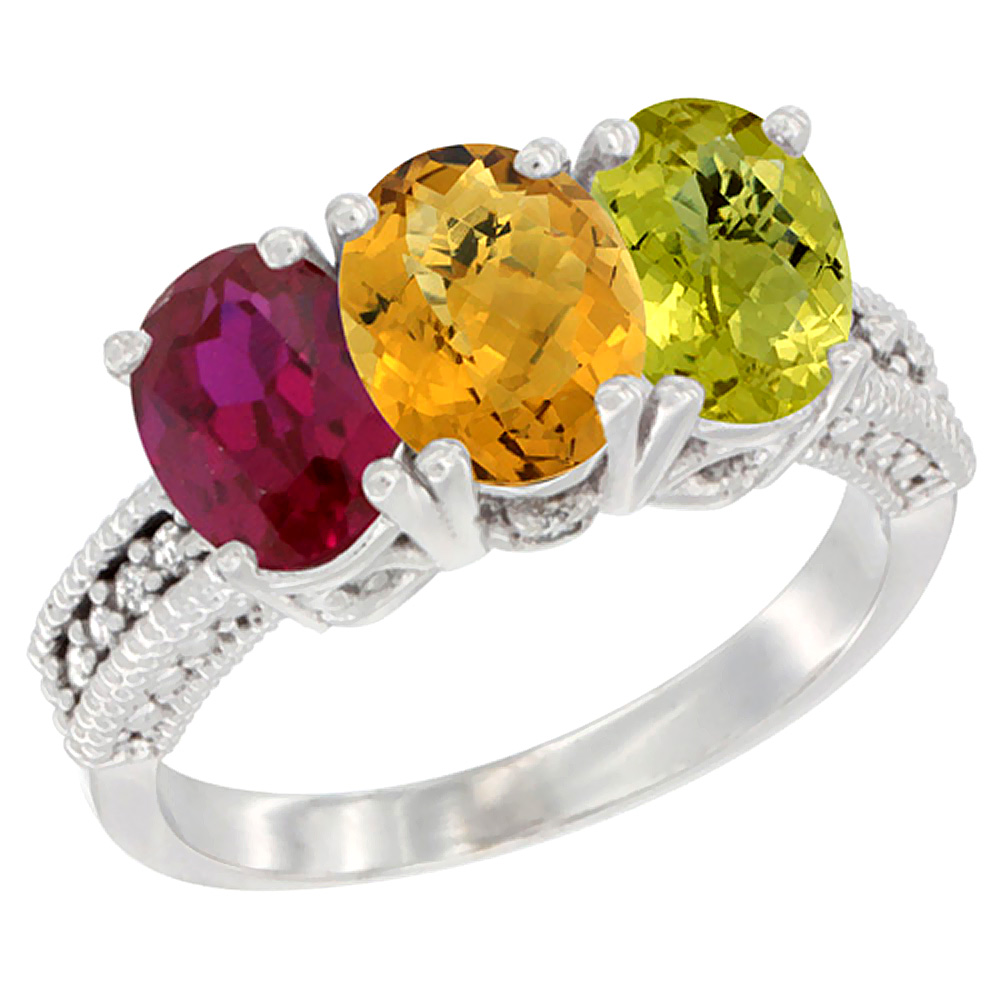 10K White Gold Diamond Enhanced Ruby, Natural Whisky Quartz & Lemon Quartz Ring 3-Stone 7x5 mm Oval, sizes 5 - 10