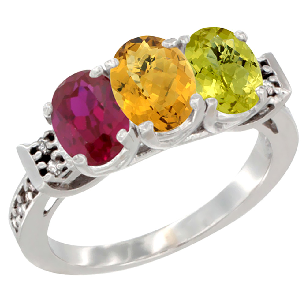 10K White Gold Enhanced Ruby, Natural Whisky Quartz & Lemon Quartz Ring 3-Stone Oval 7x5 mm Diamond Accent, sizes 5 - 10