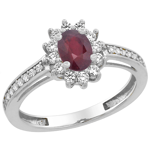 14K White Gold Enhanced Ruby Flower Halo Ring Oval 6x4mm Diamond Accents, sizes 5 - 10
