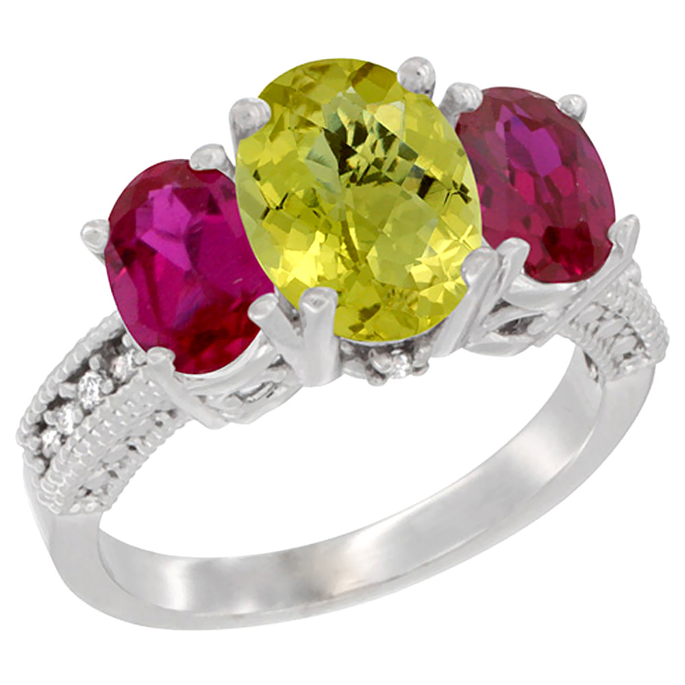 14K White Gold Diamond Natural Lemon Quartz Ring 3-Stone Oval 8x6mm with Ruby, sizes5-10
