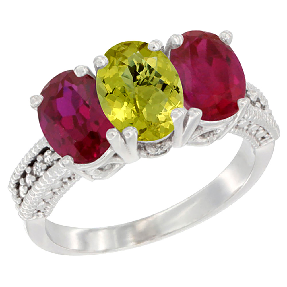 14K White Gold Natural Lemon Quartz & Enhanced Ruby Sides Ring 3-Stone 7x5 mm Oval Diamond Accent, sizes 5 - 10