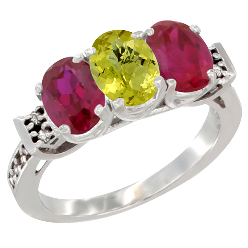 14K White Gold Natural Lemon Quartz & Enhanced Ruby Sides Ring 3-Stone Oval 7x5 mm Diamond Accent, sizes 5 - 10