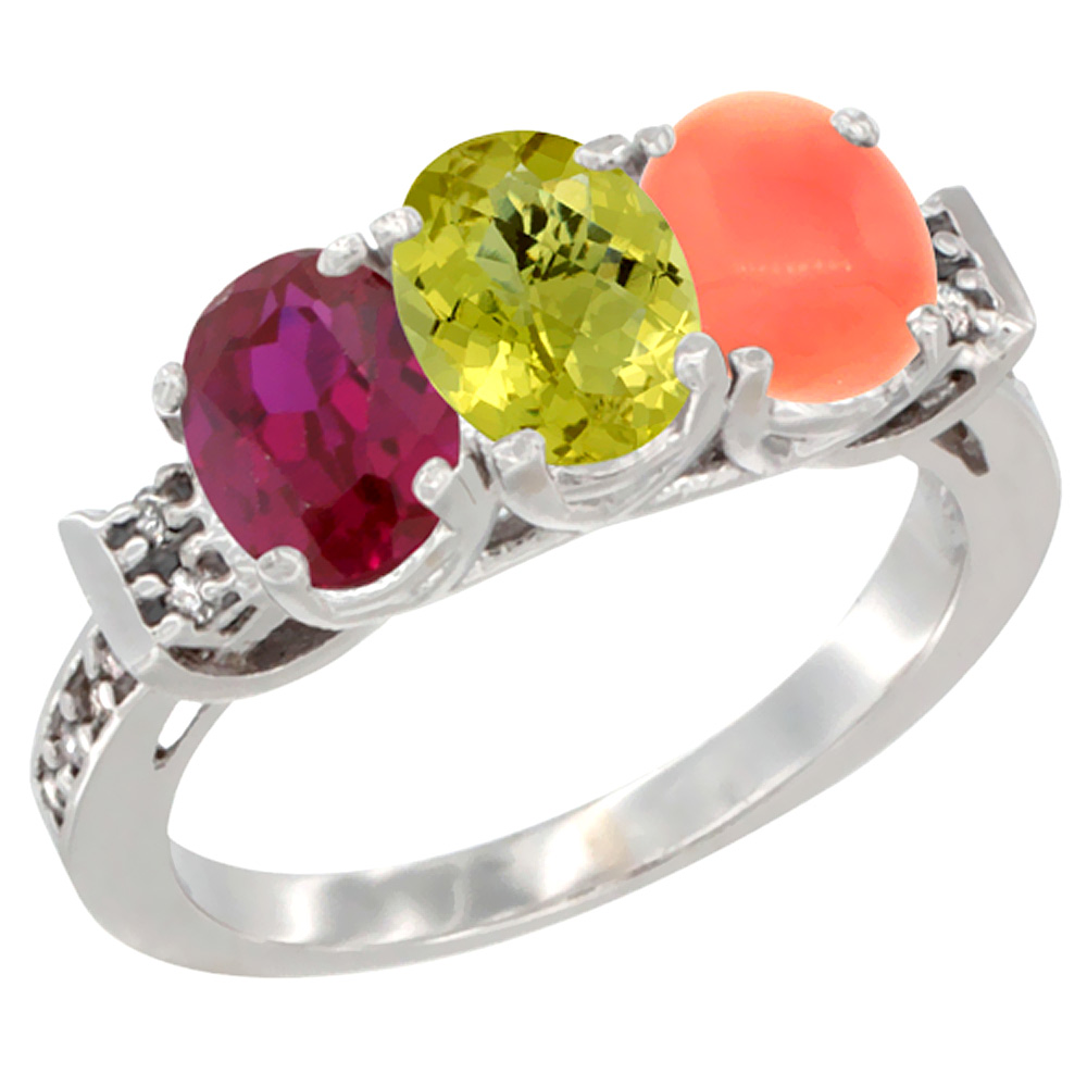 14K White Gold Enhanced Ruby, Natural Lemon Quartz & Coral Ring 3-Stone Oval 7x5 mm Diamond Accent, sizes 5 - 10