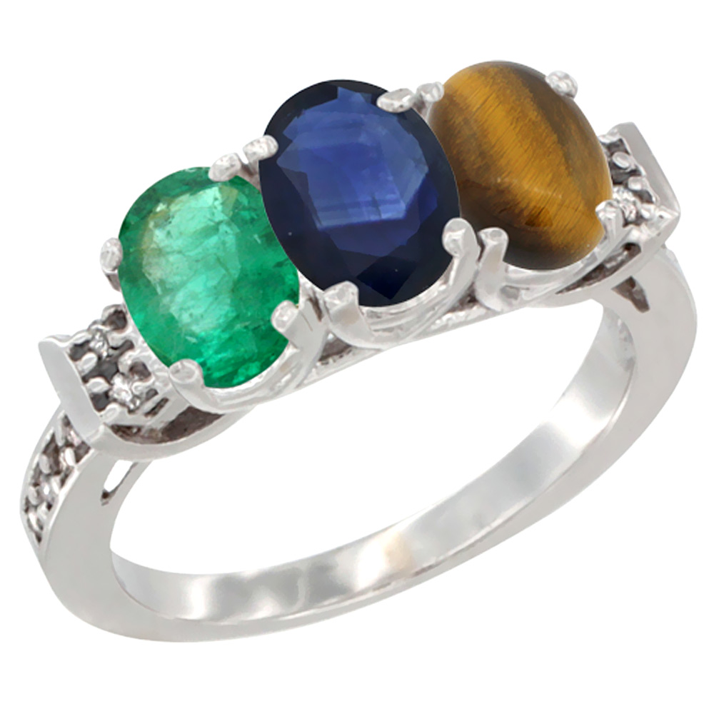 14K White Gold Natural Emerald, Blue Sapphire & Tiger Eye Ring 3-Stone Oval 7x5 mm Diamond Accent, sizes 5 - 10