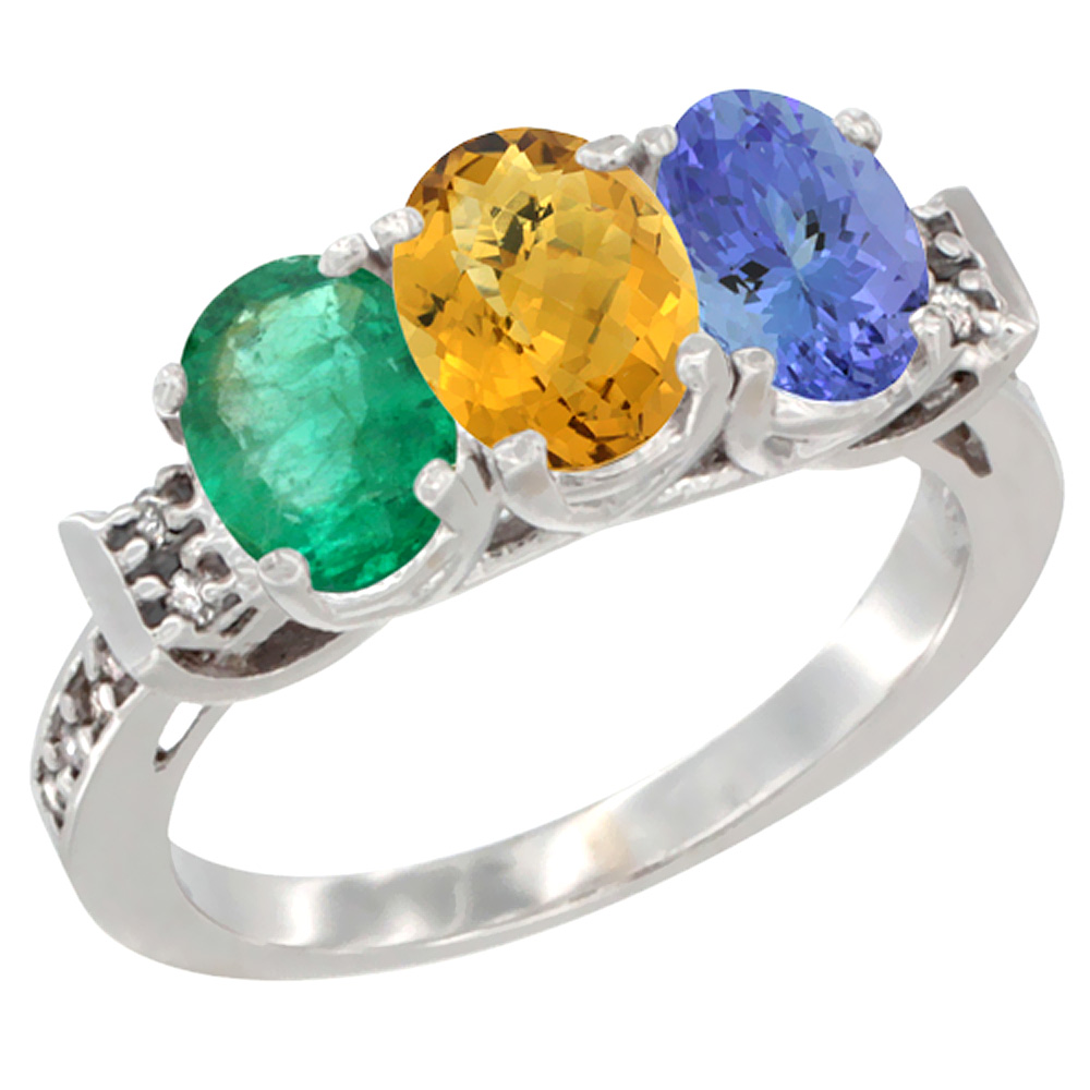 10K White Gold Natural Emerald, Whisky Quartz & Tanzanite Ring 3-Stone Oval 7x5 mm Diamond Accent, sizes 5 - 10