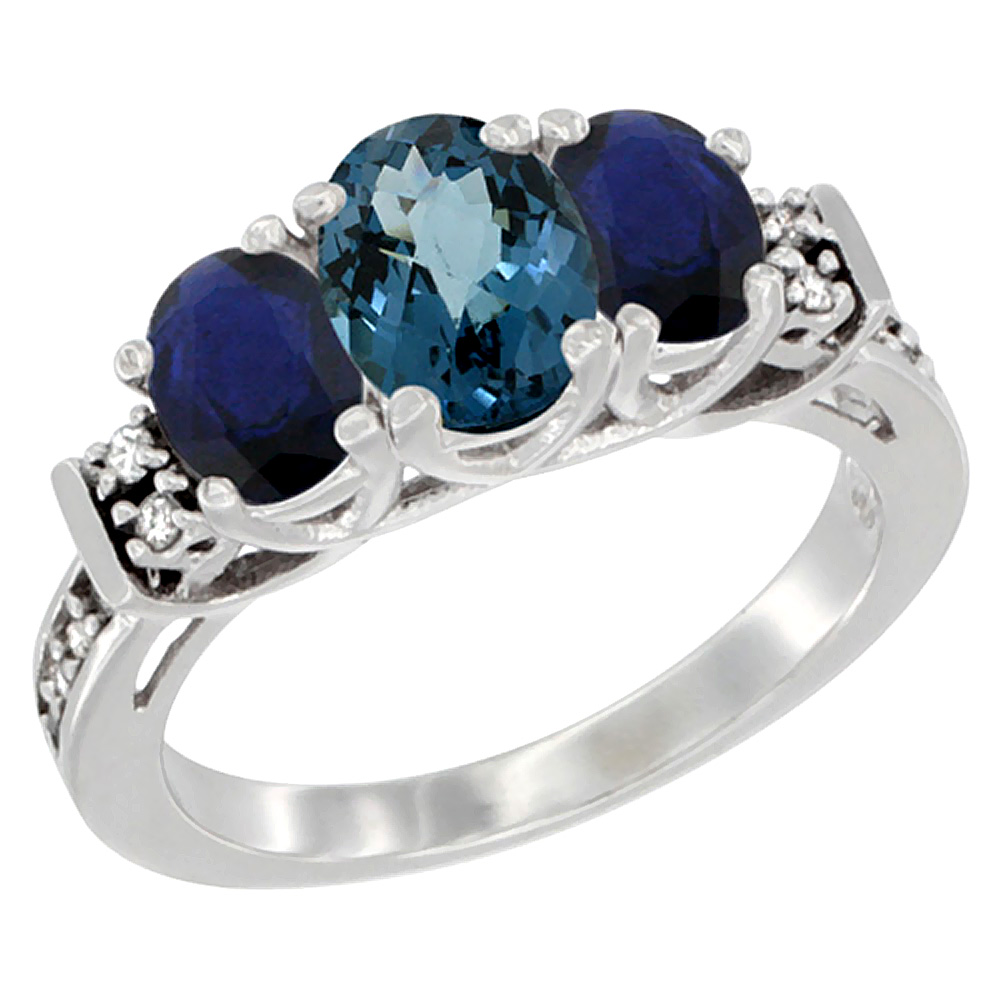 14K White Gold Diamond Natural London Blue Topaz & Quality Blue Sapphire Engagement Ring Oval, size 5-10