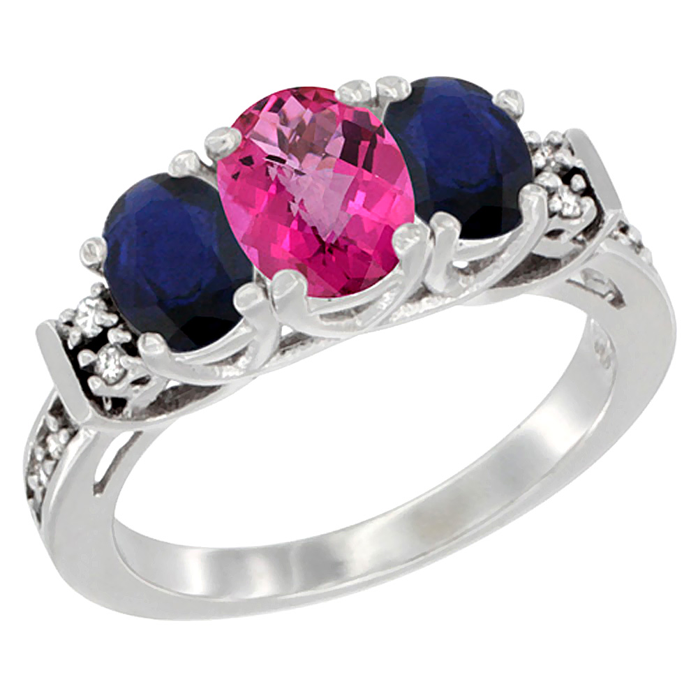 10K White Gold Natural Pink Topaz & Quality Blue Sapphire 3-stone Mothers Ring Oval Diamond Accent,sz5-10