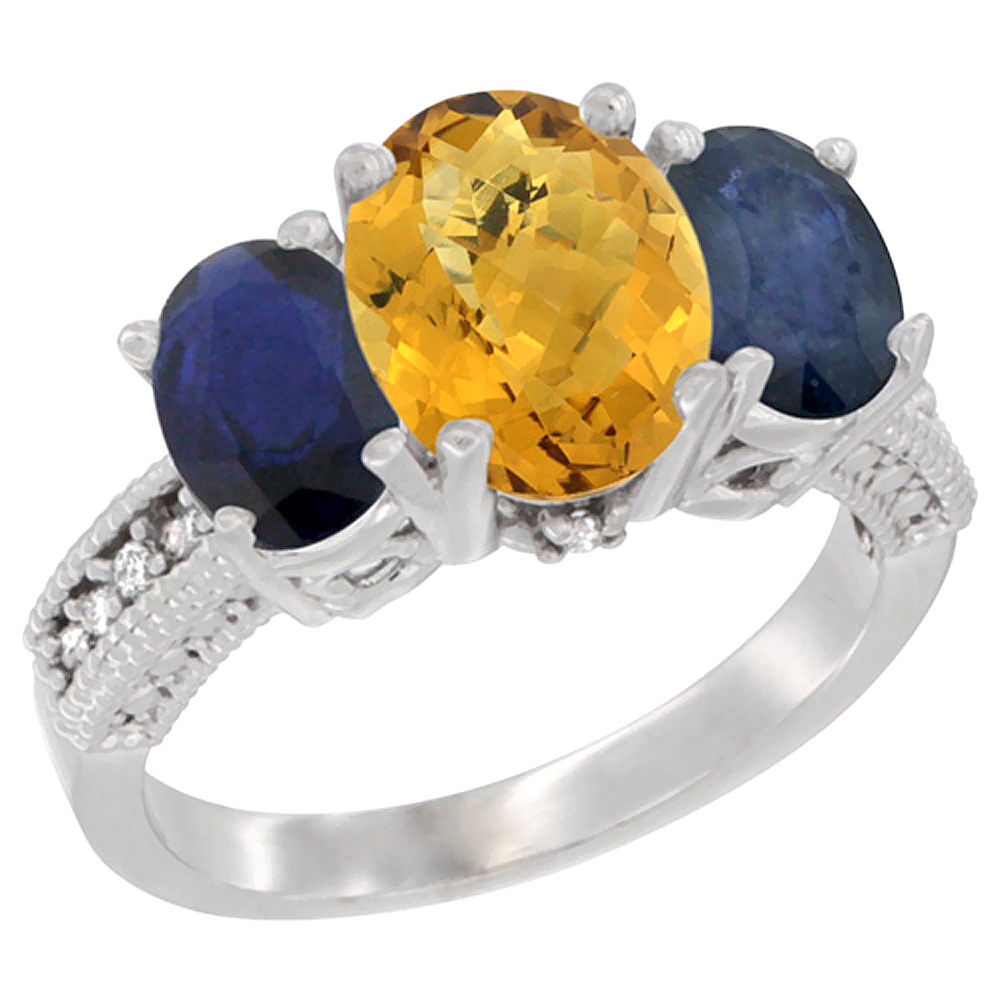 10K White Gold Diamond Natural Whisky Quartz Ring 3-Stone Oval 8x6mm with Blue Sapphire, sizes5-10