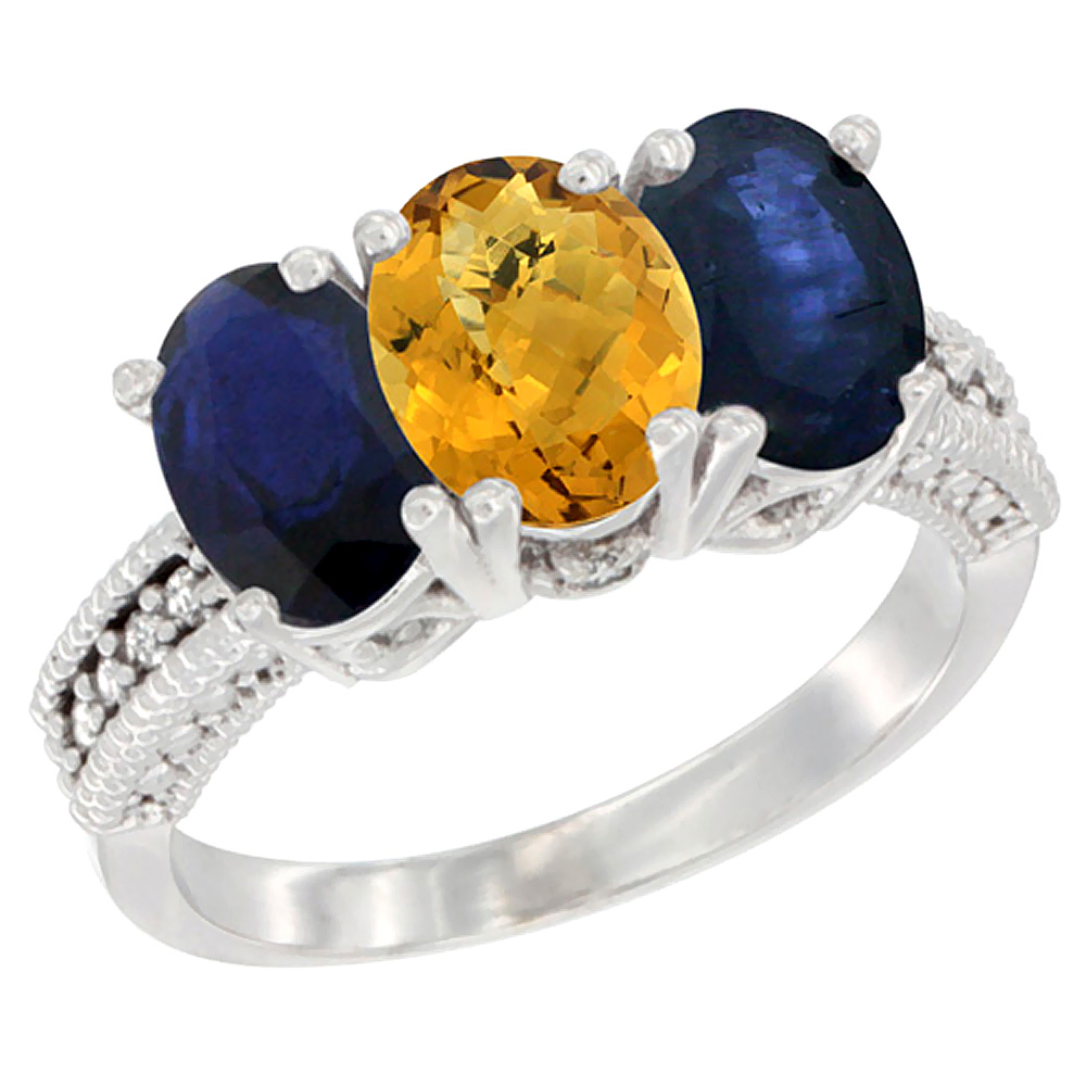 10K White Gold Diamond Natural Whisky Quartz & Blue Sapphire Ring 3-Stone 7x5 mm Oval, sizes 5 - 10