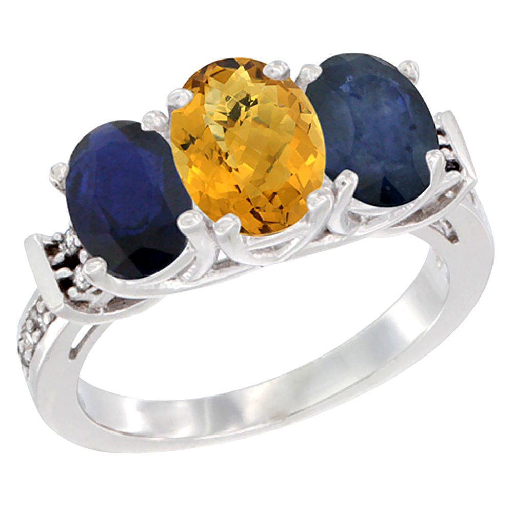 10K White Gold Natural Whisky Quartz & Blue Sapphire Sides Ring 3-Stone Oval Diamond Accent, sizes 5 - 10