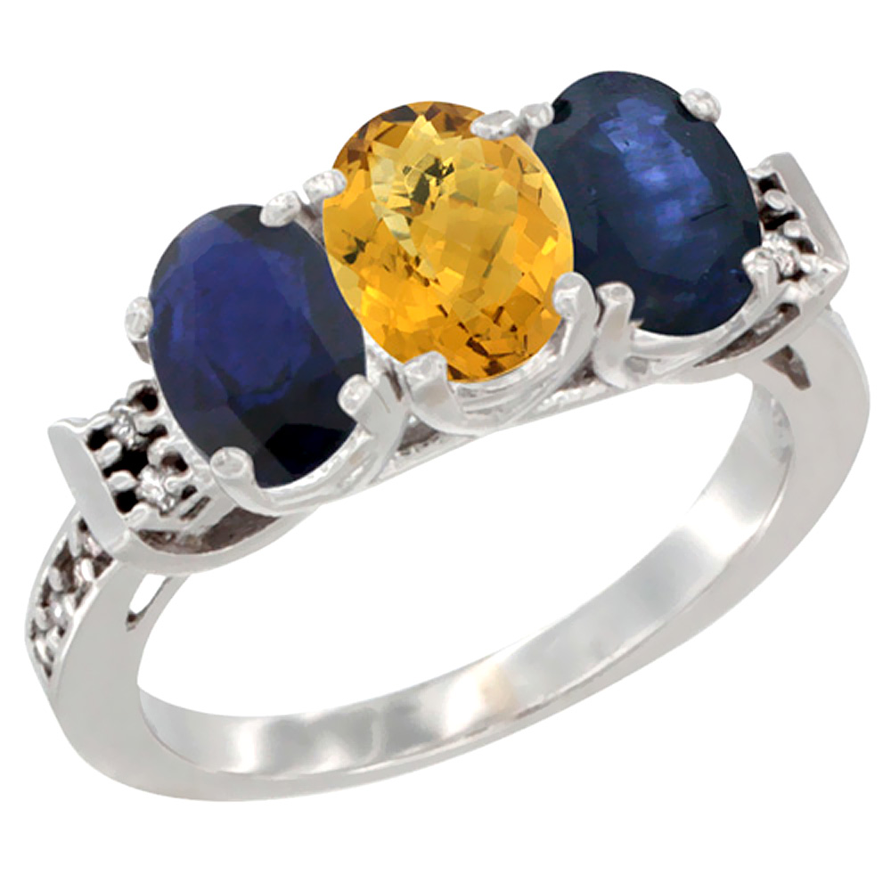 10K White Gold Natural Whisky Quartz & Blue Sapphire Sides Ring 3-Stone Oval 7x5 mm Diamond Accent, sizes 5 - 10