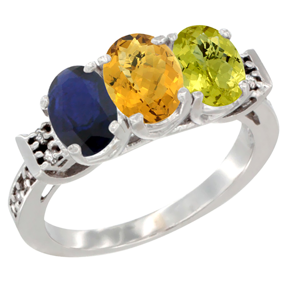 10K White Gold Natural Blue Sapphire, Whisky Quartz & Lemon Quartz Ring 3-Stone Oval 7x5 mm Diamond Accent, sizes 5 - 10