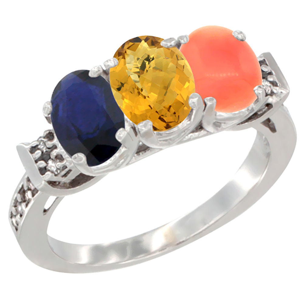 10K White Gold Natural Blue Sapphire, Whisky Quartz & Coral Ring 3-Stone Oval 7x5 mm Diamond Accent, sizes 5 - 10