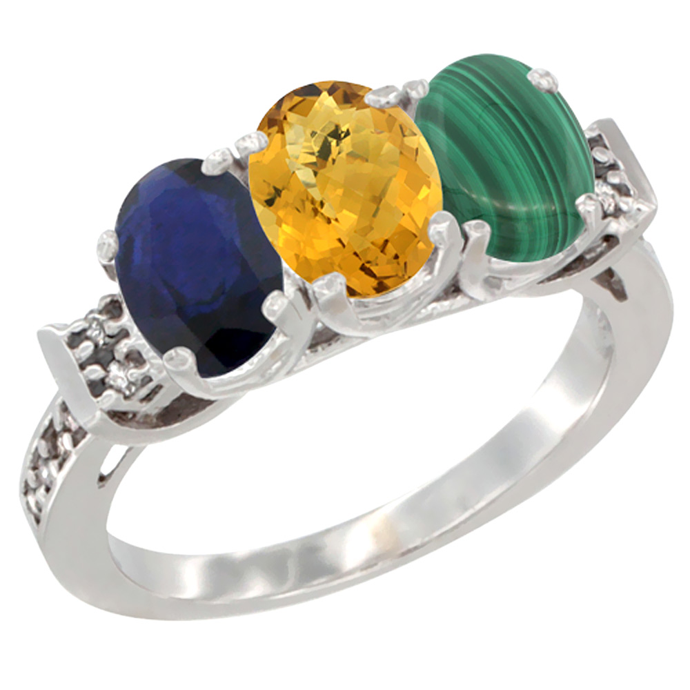 10K White Gold Natural Blue Sapphire, Whisky Quartz & Malachite Ring 3-Stone Oval 7x5 mm Diamond Accent, sizes 5 - 10