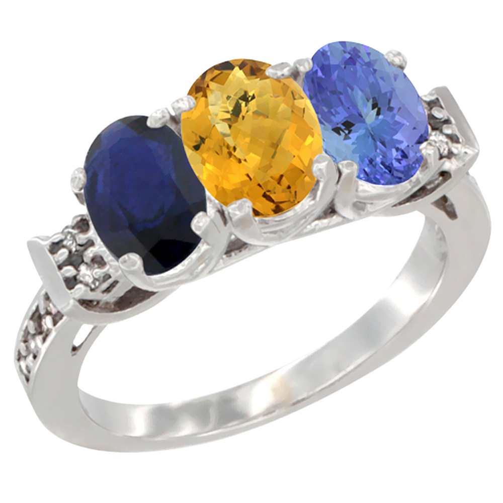 10K White Gold Natural Blue Sapphire, Whisky Quartz & Tanzanite Ring 3-Stone Oval 7x5 mm Diamond Accent, sizes 5 - 10