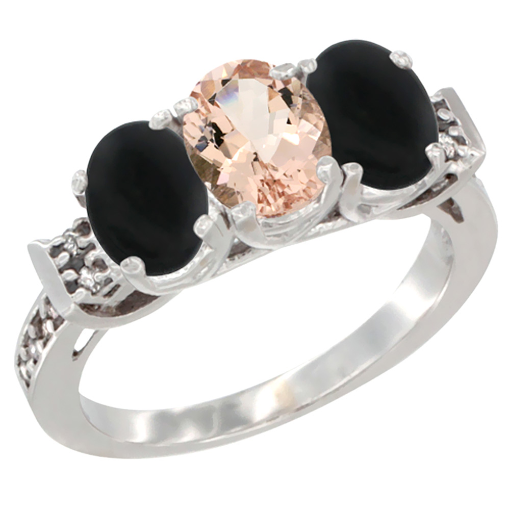 14K White Gold Natural Morganite & Black Onyx Sides Ring 3-Stone Oval 7x5 mm Diamond Accent, sizes 5 - 10