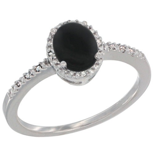 10K White Gold Diamond Natural Black Onyx Engagement Ring Oval 7x5 mm, sizes 5 - 10